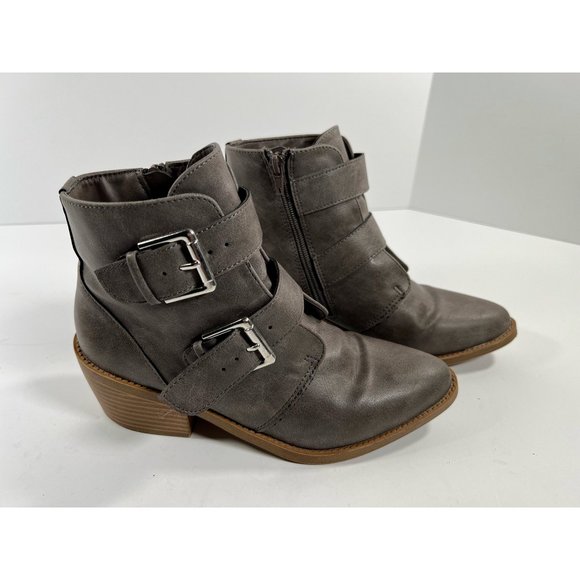 Justice Girls Bootie Boots Leather Brown Ankle Strap Buckles Zip Almond Toe 7 - Picture 1 of 8